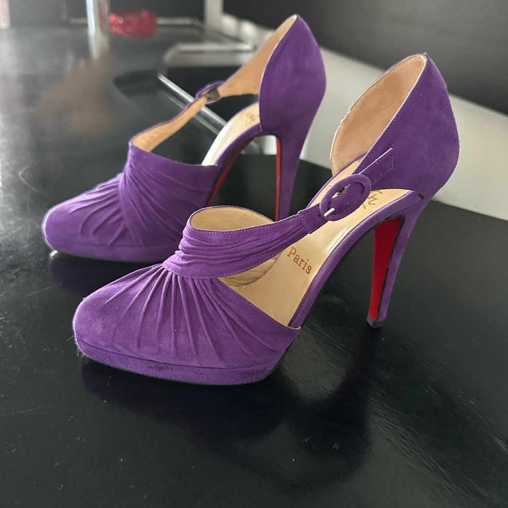 Christian Louboutin Purple Suede Peep-Toe Mary Jane High Heel Pumps